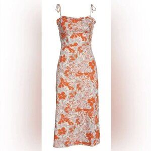 Free People Dress 8 NWOT Beach Party Shoulder Midi Linen Orange Floral Summer